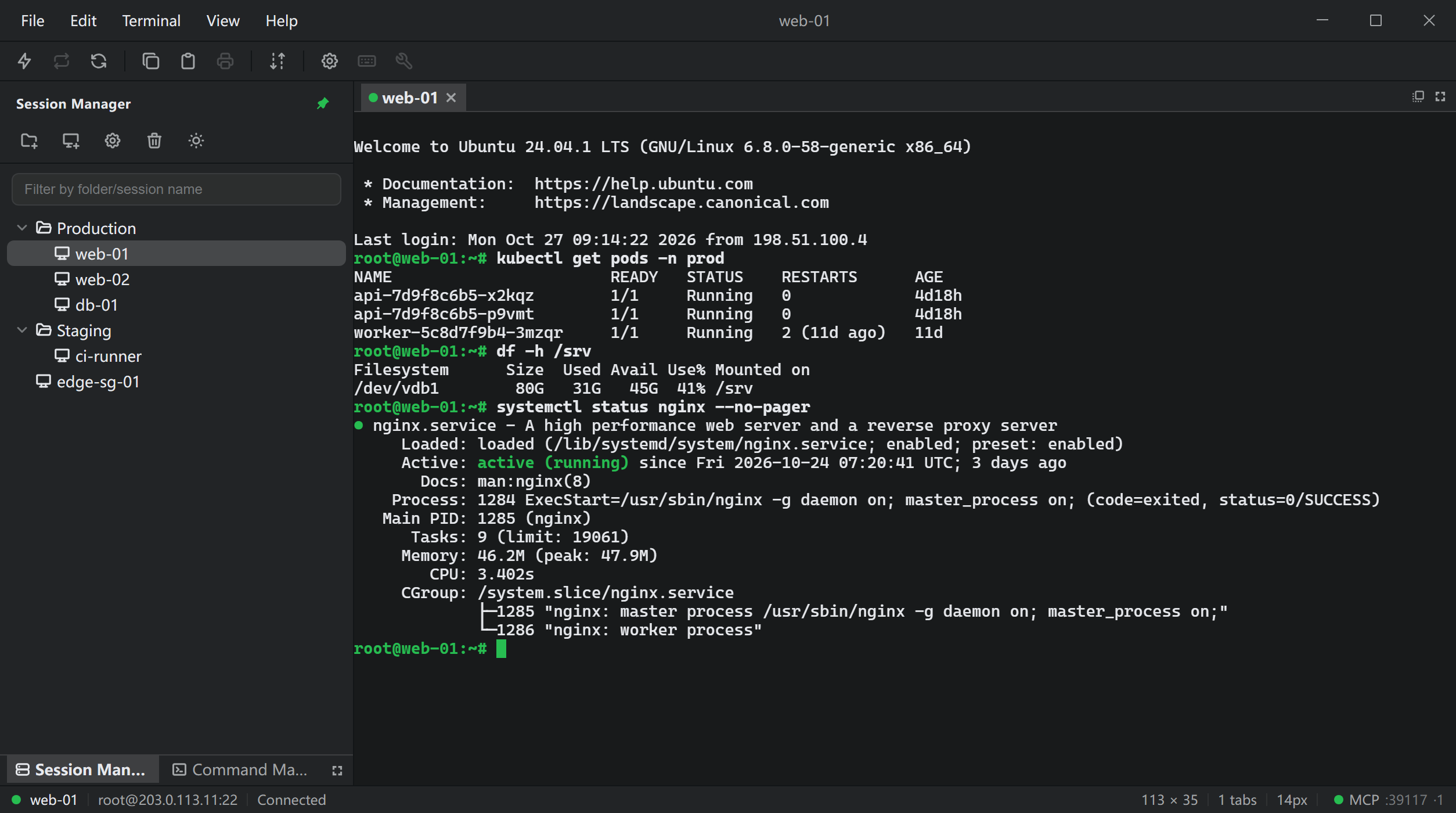OneCRT in its dark theme: the session manager on the left lists production and staging hosts in folders, a connected web-01 terminal tab in the middle shows kubectl, df and systemctl output, and the status bar reads root@203.0.113.11:22 connected